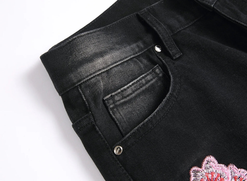 Men's high-street ripped jeans with floral embroidery patchwork, trendy street-style distressed flared jeans