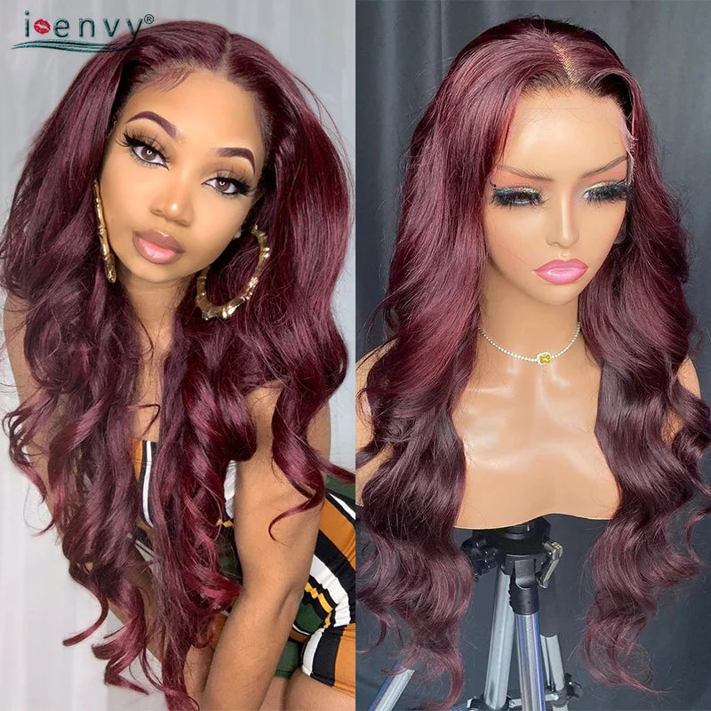 13X4 HD Transparent Lace Front Wigs Burgundy Red Human Hair Wigs PrePlucked 13X6 32Inch Body Wave Lace Front Wig For Women Curly