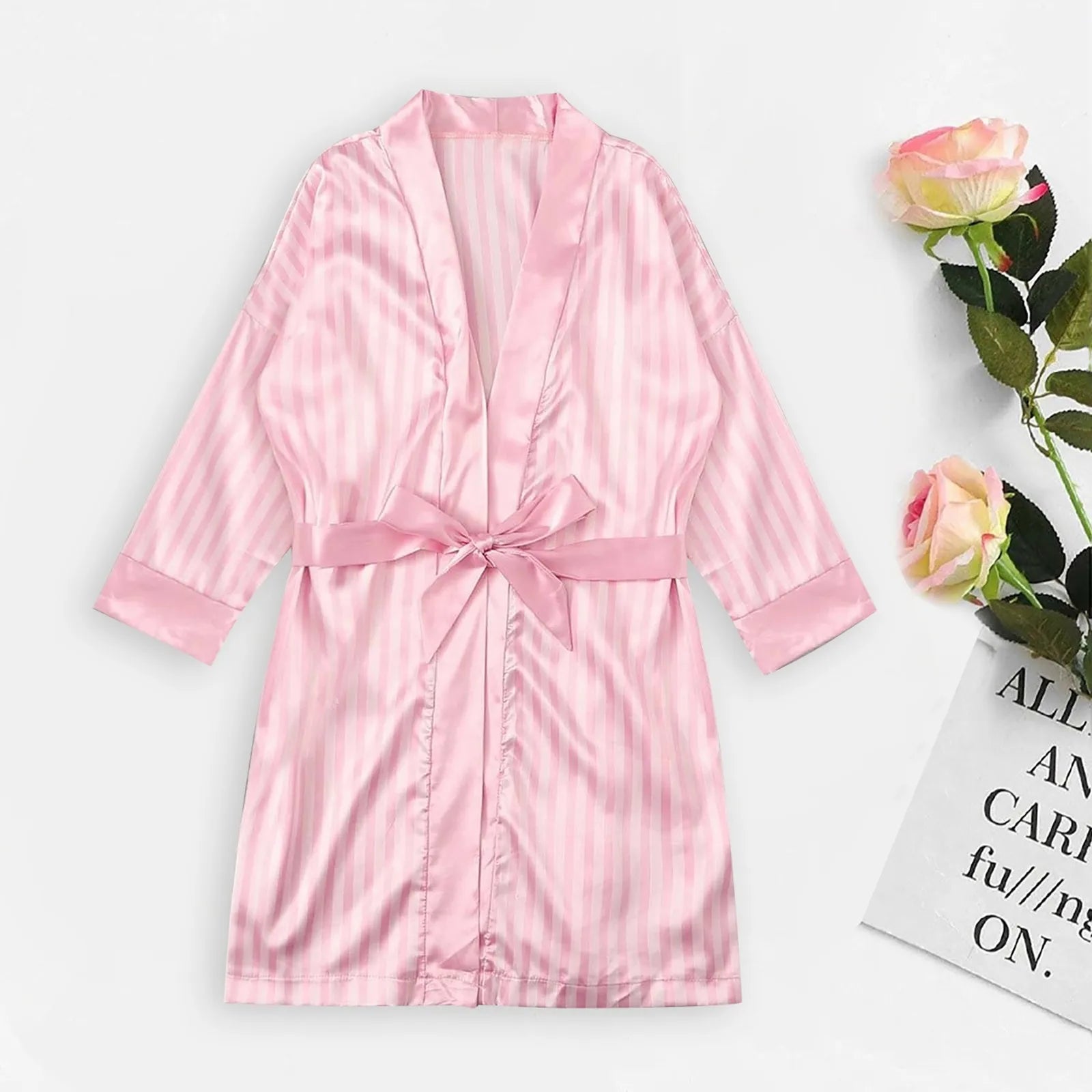Women Satin Pajamas Bride Robe Solid Color Striped Pattern Kimono Bathrobe Silk Sleepwear Robes Plus Size Pink Nightdress 4xl