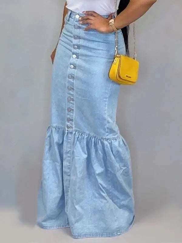 Fishtail Denim Long Skirt Women Full Length Mermaid Trumpet Ruffle Breasted Sexy High Waist Stretchy Skirts 2024 Streetwear