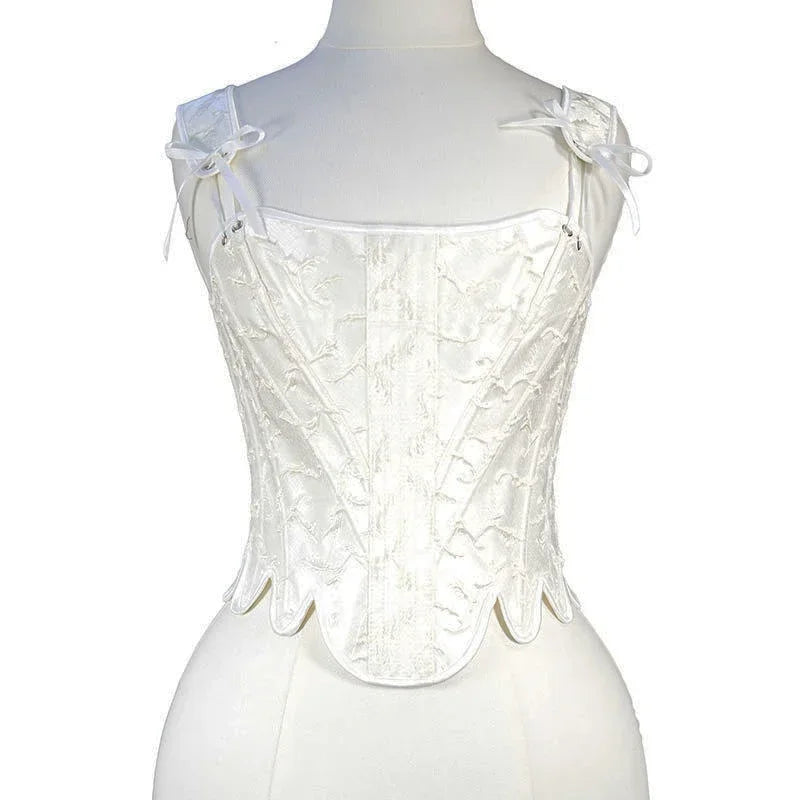 Fashion White Embossed Vintgae Petal Bodices Women Overbust Slimm Corsets Lace Up Boned Shaping Tops Korset