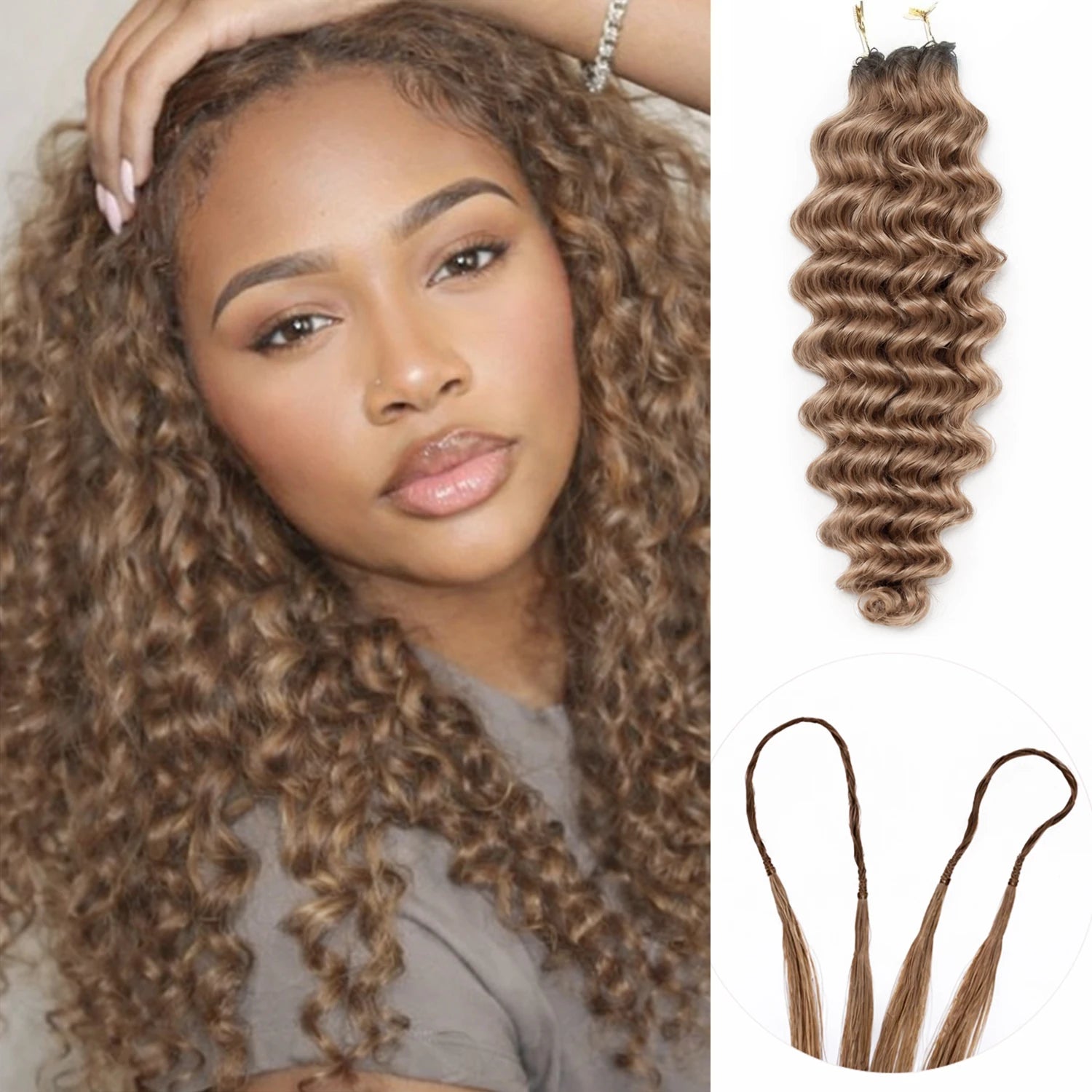 Deep Wave Crochet Hair Extensions Honey Blonde Color Knotless Pre-Separated Human Hair Deep Curly Feather Crochet Braid Hair