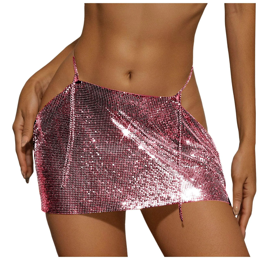 Women Sparkly Sequins Mini Skirt Low Waist Metal Chains Waistband Glitter Skirts Sexy Miniskirt Nightclub Rave Party Clubwear