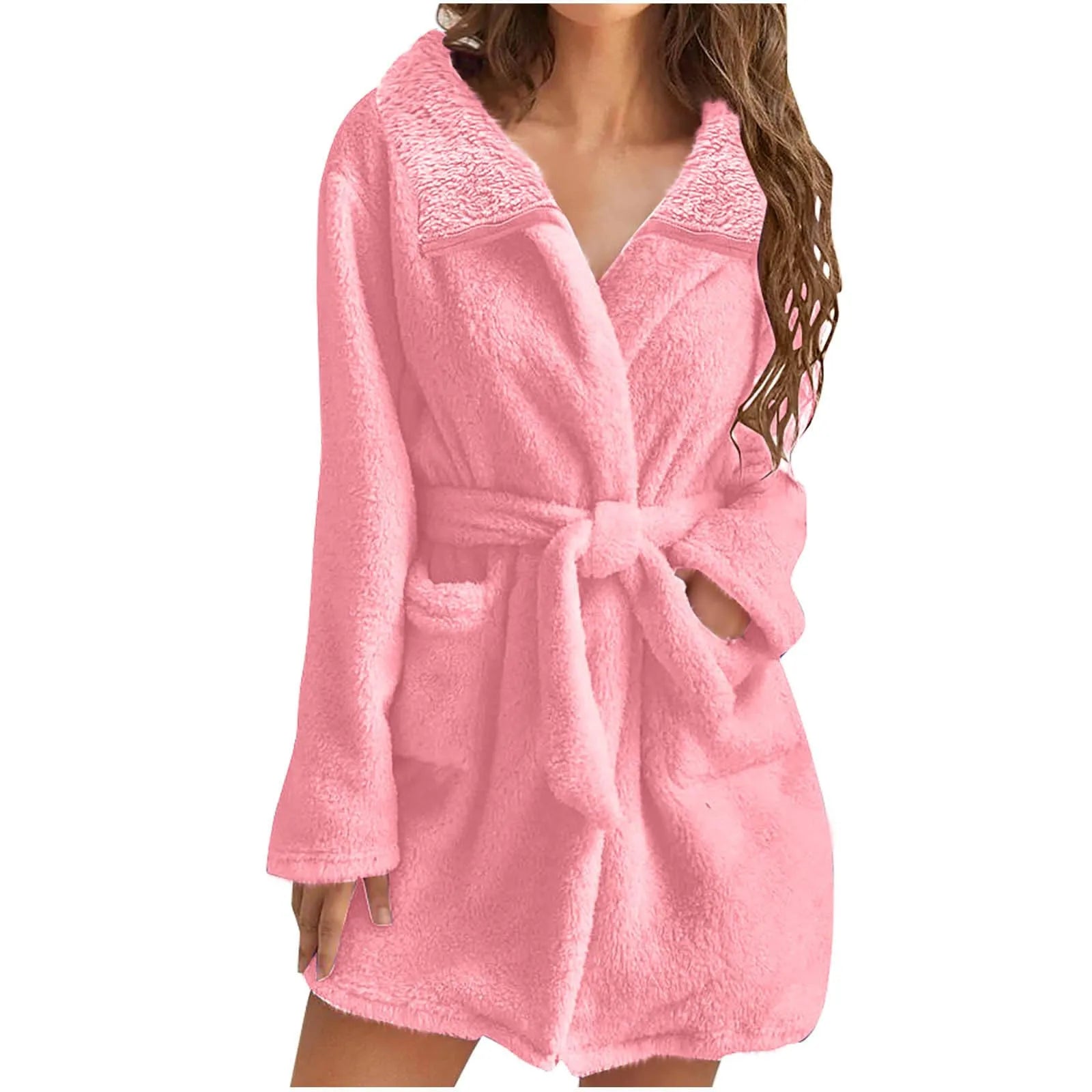 Women Warm Plush Hooded Bathrobe Wainter Plush Lapel Robe With Pockets Female Pajamas Robe Long Home Clothes Lingeries For Woman