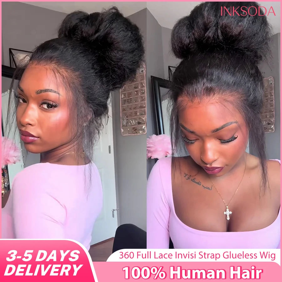 220% Density 360 Lace Wig Invisible Drawstring Kinky Straight Human Hair Wigs Natural Color Brazilian Glueless Wig Pre plucked