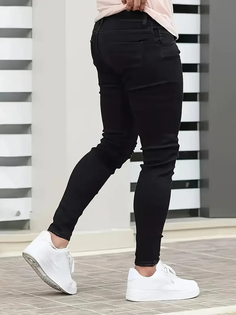 Men's Slim-Fit Ripped Jeans - Stylish Black Distressed Denim with Raw Hem, Comfortable & Versatile for All Seasons, Casual Stree