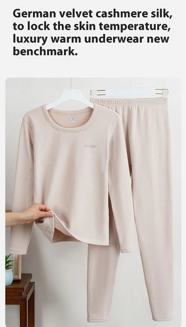 New Autumn/Winter Cashmere and Silk Round-Neck Thermal Set Striped Thermal Underwear for Men and Women Base Layer Undergarments