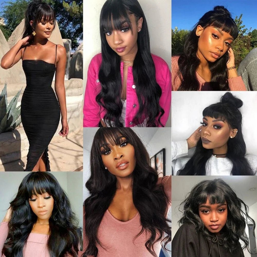 Body Wave Human Hair Wig with Bangs Middle Part 3x1 Lace Frontal Wig with Bangs Brazilian Human Hair Body Wave 34 Inch for Women