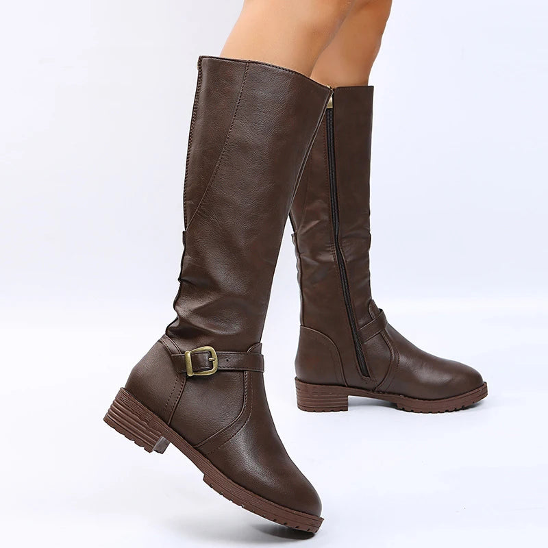 Vintage Brown Women Knee High Boots Big Size Low Heels Platform Long Boots Autumn Winter Pu Leather  Women Warm Booties