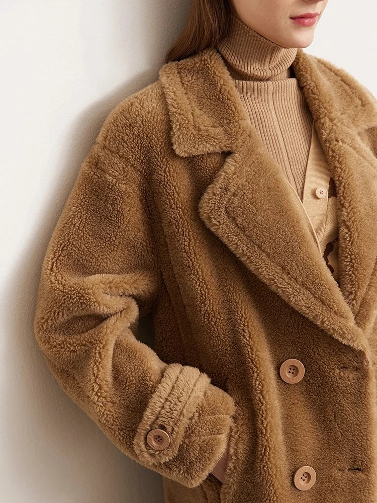 Amii Fur Coat 2025 Winter New Warm Office Lady Turn-Down Collar Full Wool Outerwears Straight Double-breasted Coat 12554013