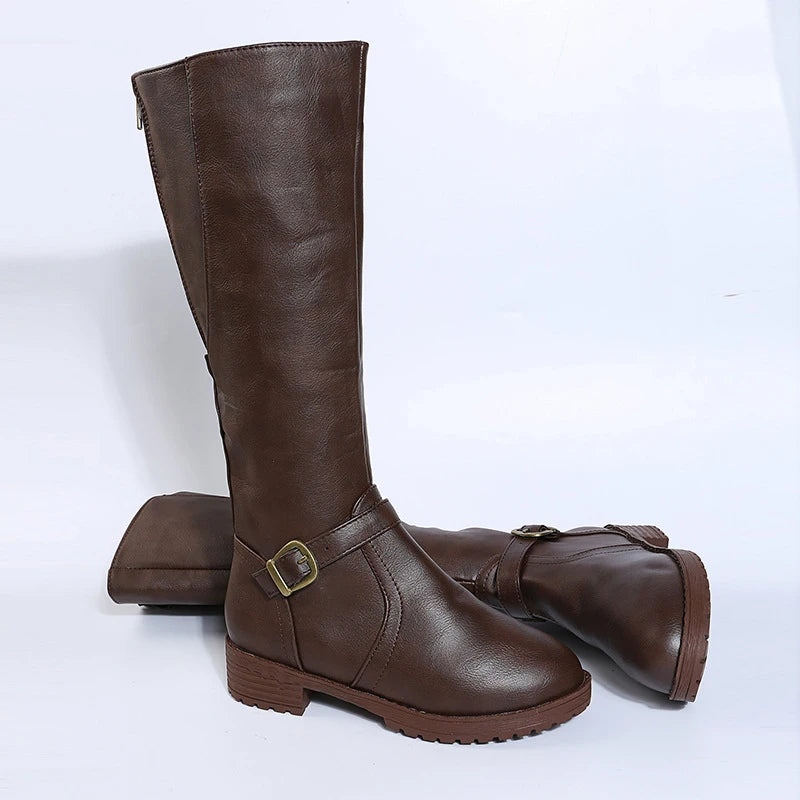 Vintage Brown Women Knee High Boots Big Size Low Heels Platform Long Boots Autumn Winter Pu Leather  Women Warm Booties
