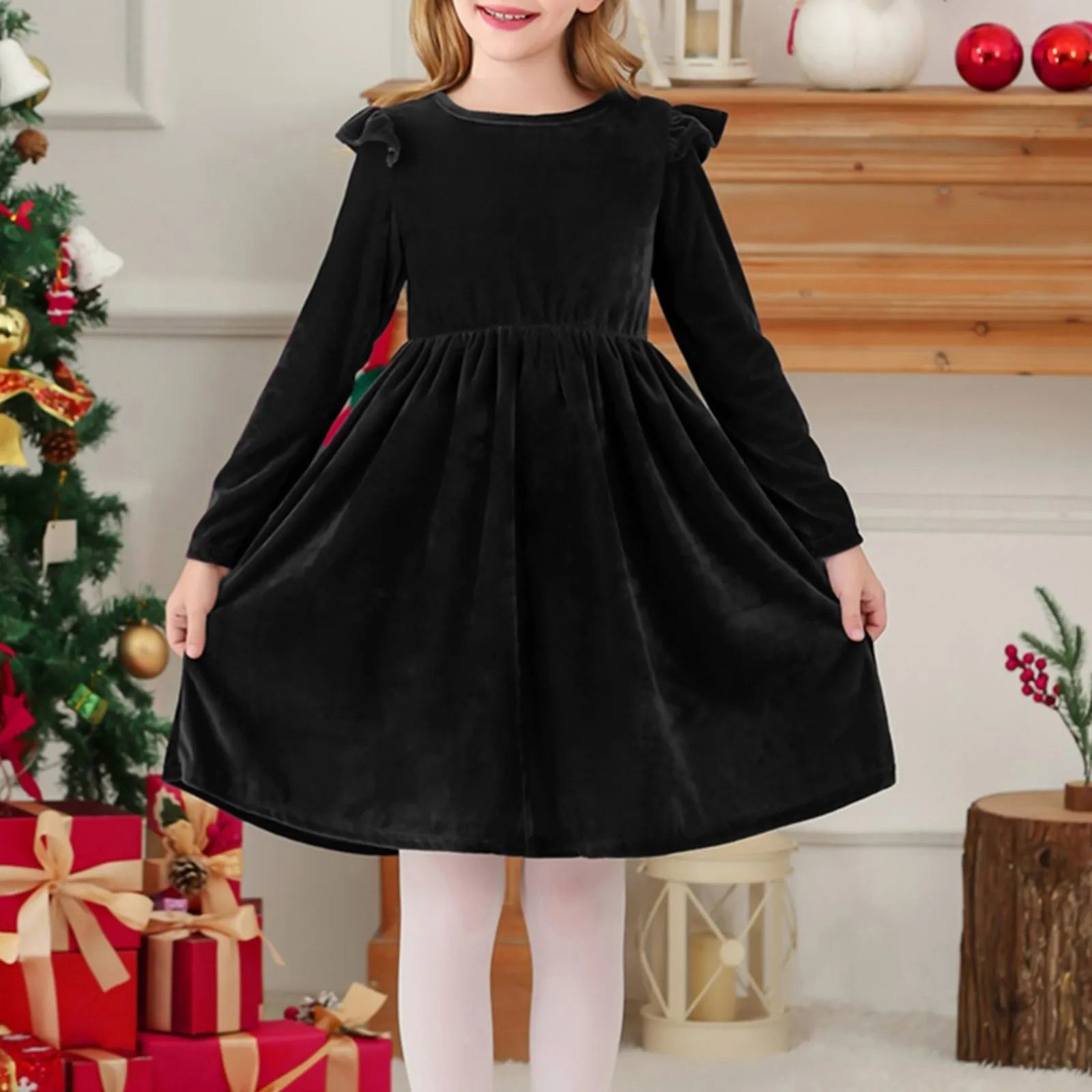 Girls Casual Velvet Dress Ruffled Long Sleeve Spring Fall Dress Evening Party Dress Winter Frilly Dresses For Little Girls