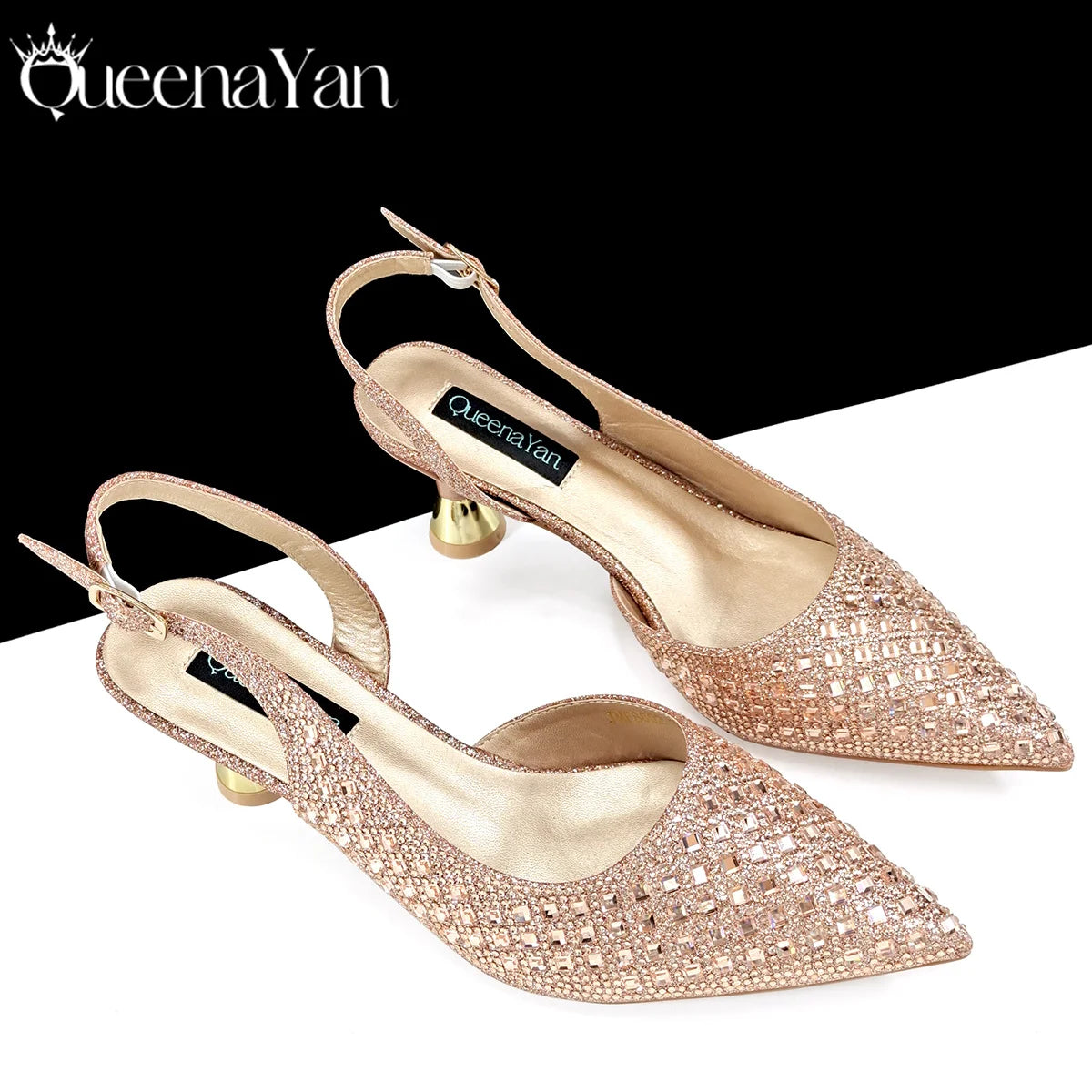 Queena Yan 2025 Italian Design Rhinestone Luxury Navy Blue Pointed Toe Shoe & Bag Set Women High Heels for Parties High Quality