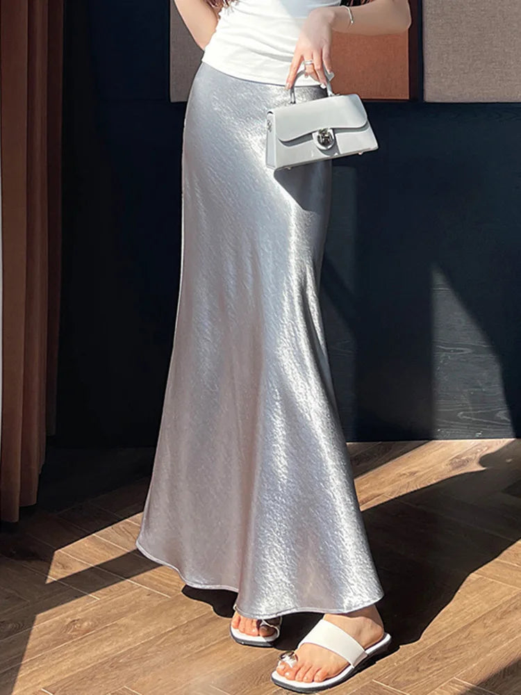 Zoki Chic Satin Elegant Long Skirt Women Casual Fashion High Waist Sweet Trumpet Skirts Slim Summer Female Korean Long Skirts