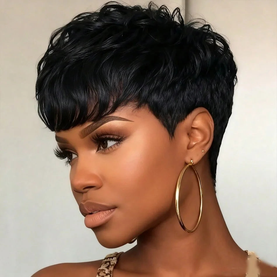 Human Hair Pixie Cut Wig for Women Brazilian Human Hair Pixie Wigs Human Hair Layered Short Wigs with Bangs