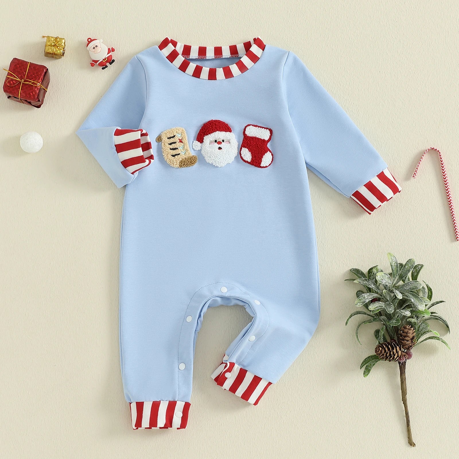 Lioraitiin Newborn Baby Boys Christmas Romper Santa Embroidery Striped Crew Neck Long Sleeve Full Length Jumpsuit