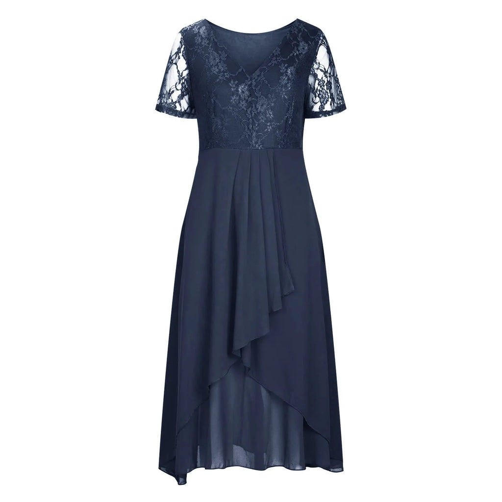 Women's Chiffon Long Dresses A Line V Neck Lace Panel Hollow Prom Dresses Ladies Bridesmaid Evening Dresses Short Sleeve Dress