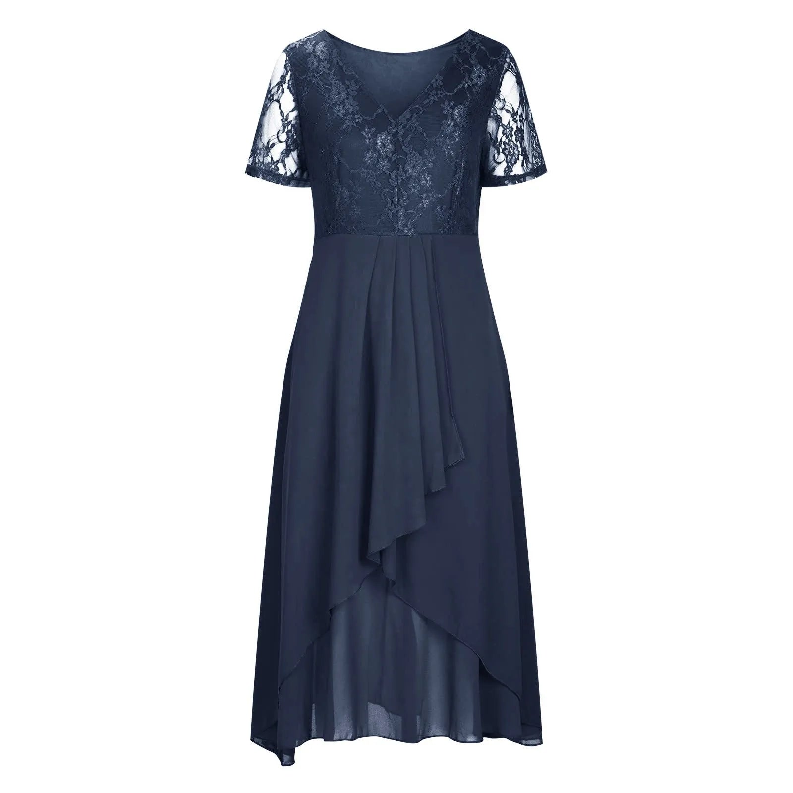 Women's Chiffon Long Dresses A Line V Neck Lace Panel Hollow Prom Dresses Ladies Bridesmaid Evening Dresses Short Sleeve Dress