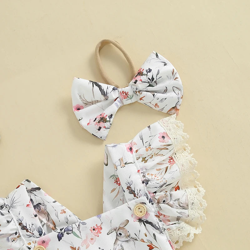 2025-01-02 Lioraitiin Baby Girls Easter Outfits Flower Bunny Print Lace Trim Flying Sleeve Spring Romper with Bow Headband Set