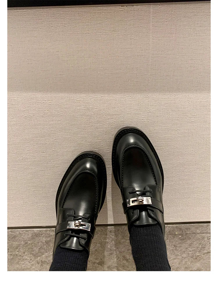 Office Career Women Pumps PU Spring New British Retro Metal Buckle Thick Bottom JK Flat Bottom Small Leather ShoesWoman Shoe