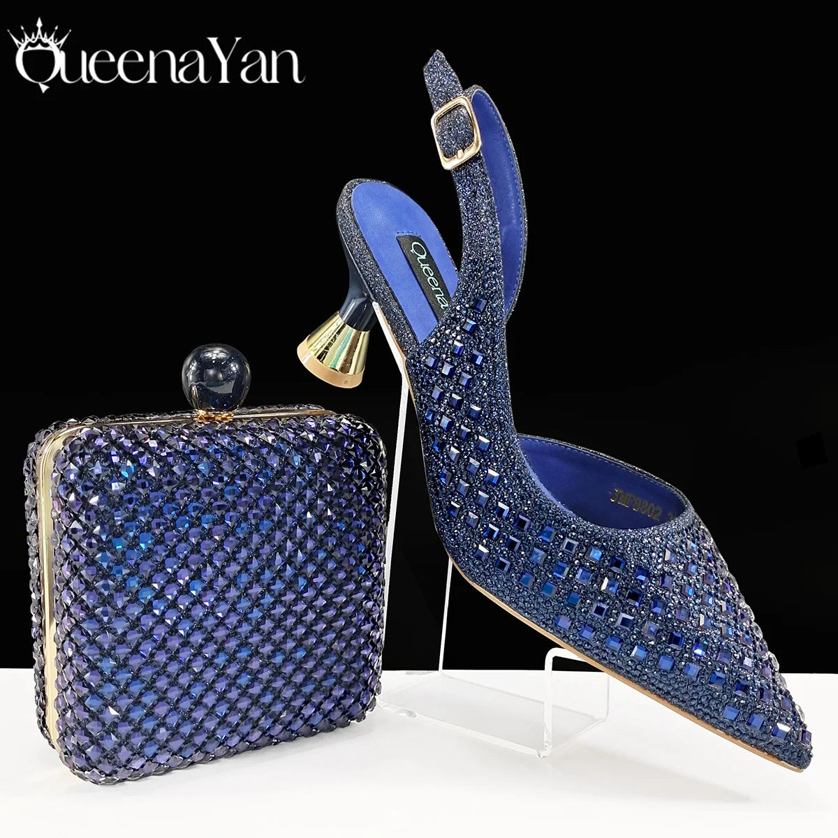 Queena Yan 2025 Italian Design Rhinestone Luxury Navy Blue Pointed Toe Shoe & Bag Set Women High Heels for Parties High Quality