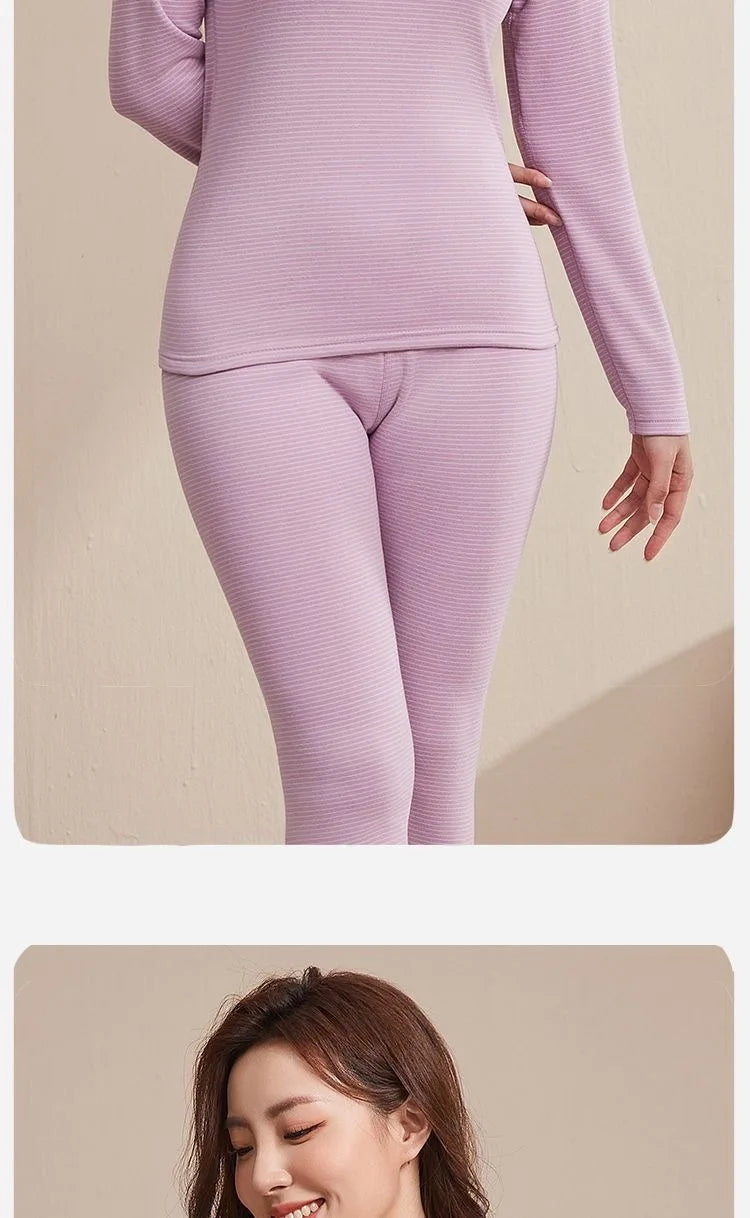 New Autumn/Winter Cashmere and Silk Round-Neck Thermal Set Striped Thermal Underwear for Men and Women Base Layer Undergarments