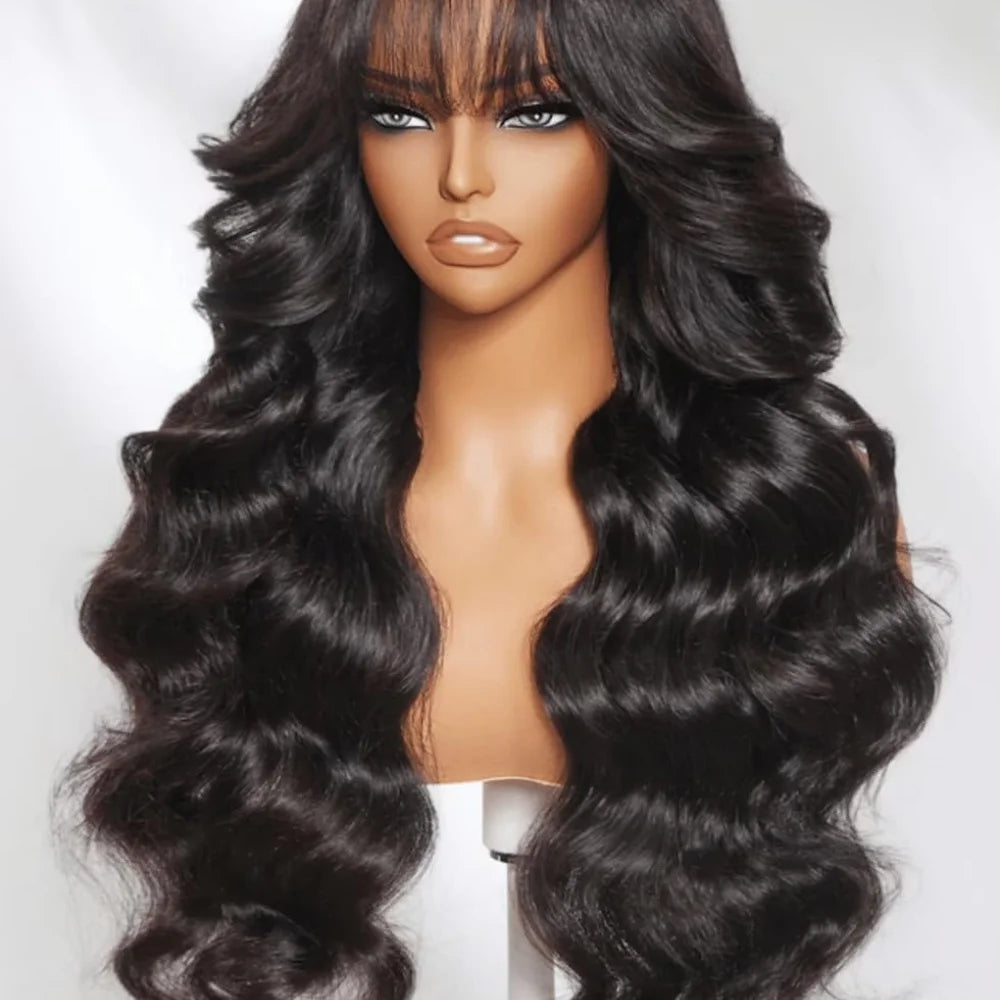 Body Wave Human Hair Wig with Bangs Middle Part 3x1 Lace Frontal Wig with Bangs Brazilian Human Hair Body Wave 34 Inch for Women