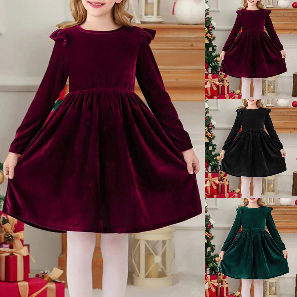 Girls Casual Velvet Dress Ruffled Long Sleeve Spring Fall Dress Evening Party Dress Winter Frilly Dresses For Little Girls