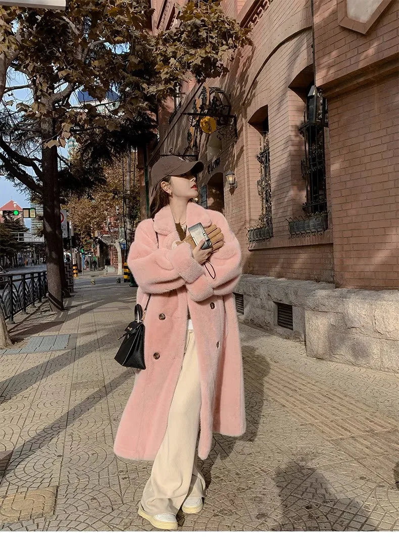Women Winter Warm Thicken Long Fur Coat 2025 New Women Imitation Rabbit Fur Temperament Fur Coat Double-Breasted Fur Jacket