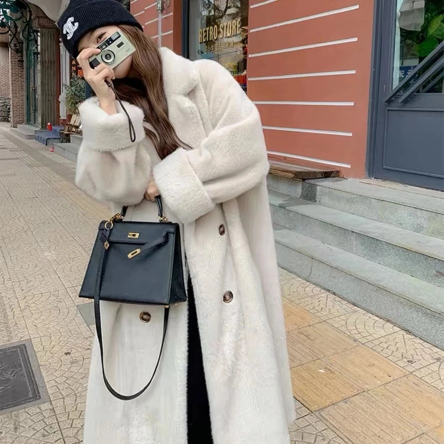Women Winter Warm Thicken Long Fur Coat 2025 New Women Imitation Rabbit Fur Temperament Fur Coat Double-Breasted Fur Jacket