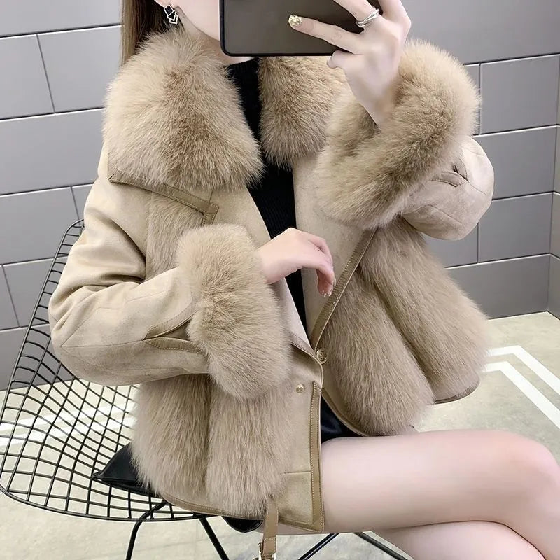 2025 Women Mid-Long Style Faux Fur Jacket Winter Female Pu Leather Splicing Fur Outwear Ladies Long Sleeve Thicken Warm Fur Coat