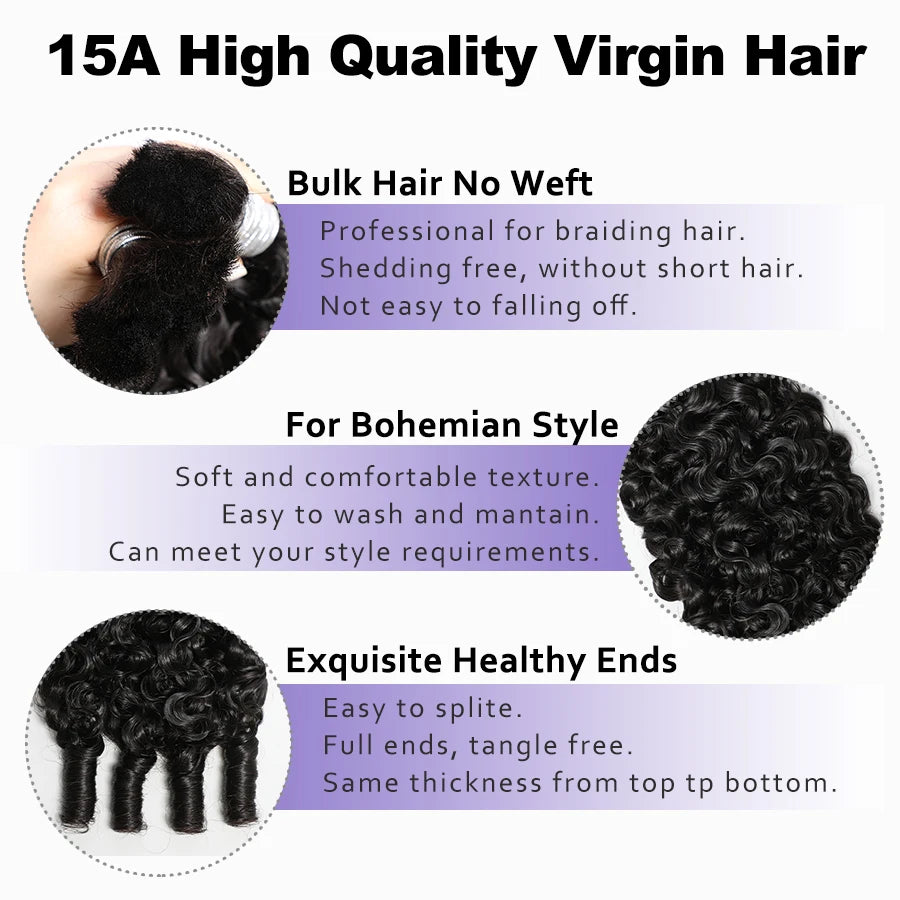 Lemoda Burmese Curly Bulk Human Hair Extension With Spail Ends Boho Braiding No Weft Bundles Virgin Hair 15A 1/2/3/4 PCS 12-32in