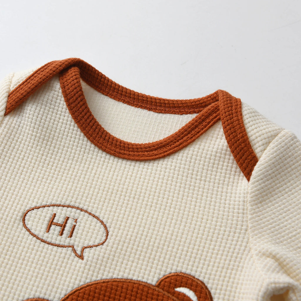 Cute Newborn Infant Baby Boy Spring Autumn Clothes Set Bear Printed Long Sleeve Romper Bodysuit Top and Pants Long Cap Outfit