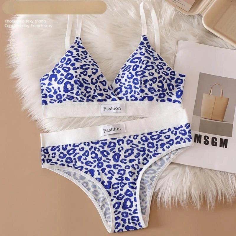Women V-neck Bra And Panties Set Low Waist Panties Female Sexy Lingerie Set Leopard Print Cotton Bra Sport Underwear Set