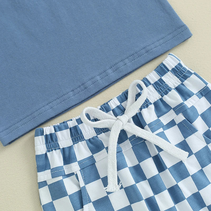 2023-12-09 lioraitiin Summer Baby Boy Clothes Solid Sleeveless Tank Top Checkered Shorts 2Pcs Outfit Set