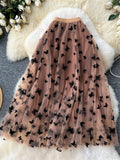 SINGREINY 2024 High Qulaity Embroidery Long Skirt Ladies Elastic Waist Butterfly Print Streetwear A Line Loose Mesh Party Skirt