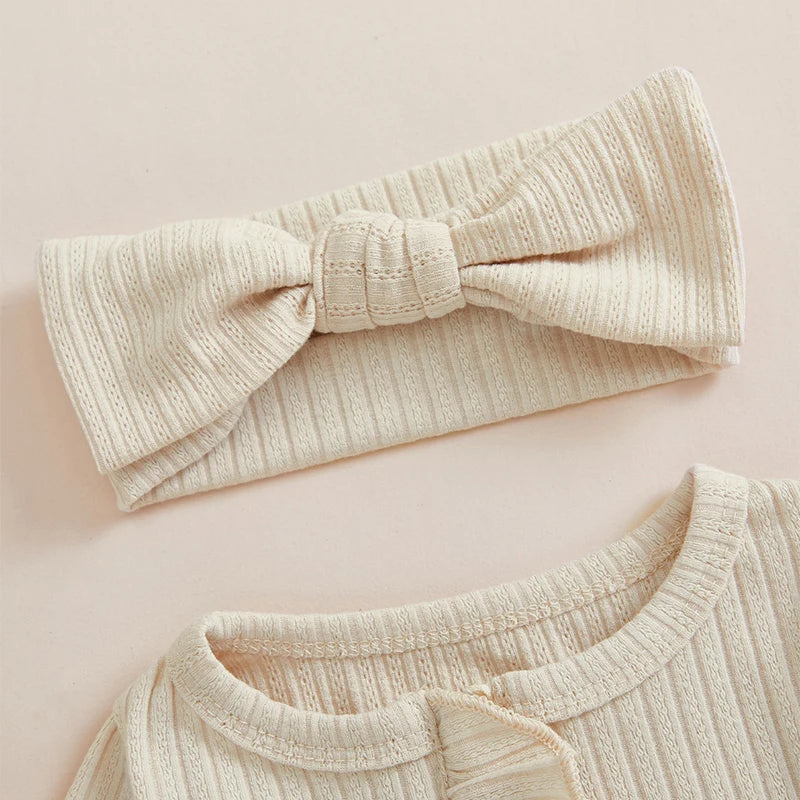 Infant Girls Fall  with Ruffled Sleeves and Matching Headband - Cozy Footed Romper for Autumn Season