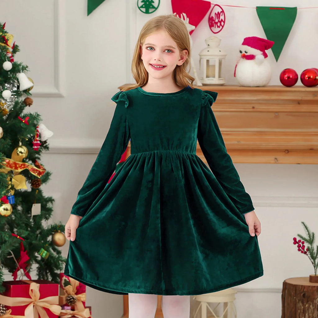 Girls Casual Velvet Dress Ruffled Long Sleeve Spring Fall Dress Evening Party Dress Winter Frilly Dresses For Little Girls