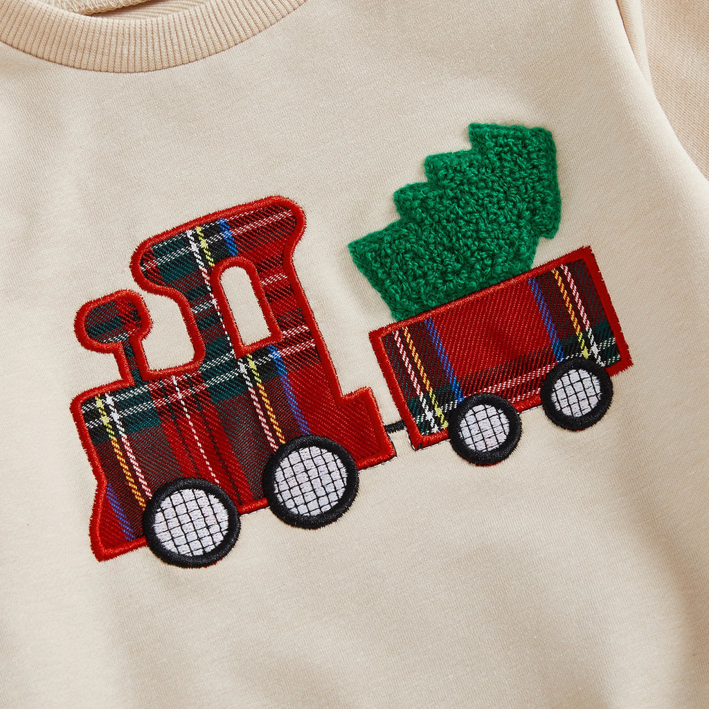 Lioraitiin Toddler Baby Boy Christmas Outfits Long Sleeve Train Embroidery Sweatshirt + Plaid Pants Set Winter Clothes