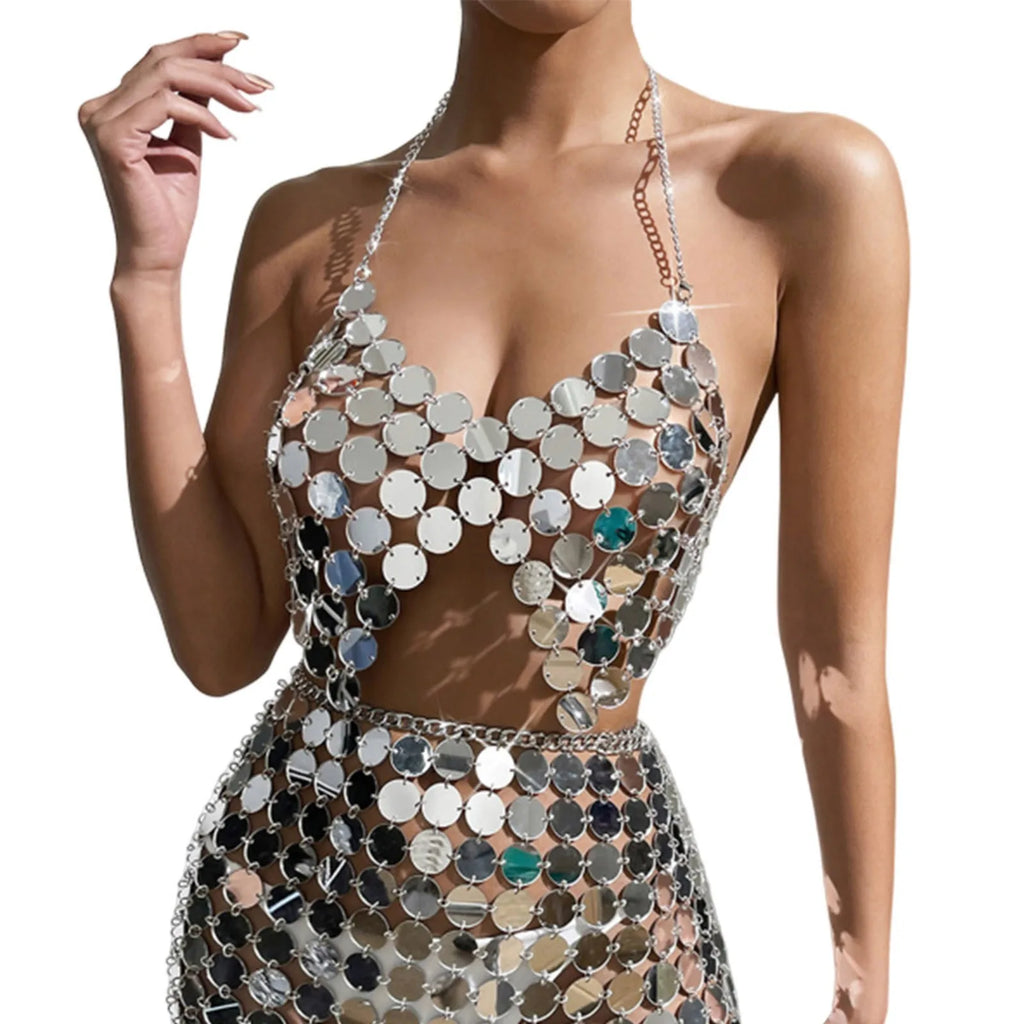 Women Sequin Chain Metal Tops Carnival Backless Metallic Hollow Adjustable Reflective Nightclub Top For Women топ женский