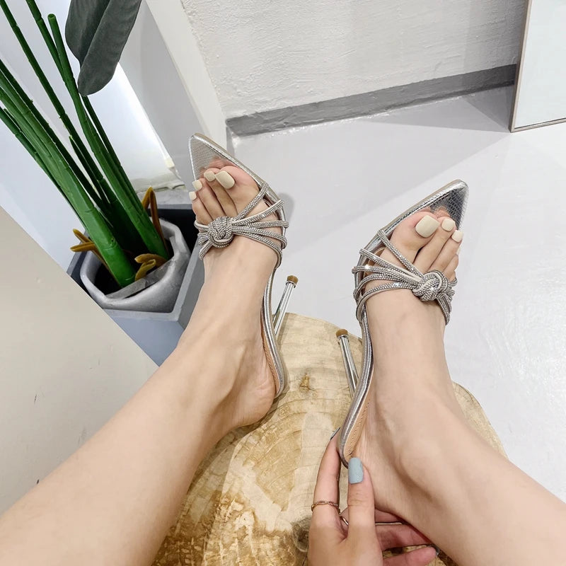 Eilyken Sexy High Heels Slipper Women Summer Fashion CRYSTAL Narrow Band Pointed Toe Slides Stripper Party Sandal Mule Shoes