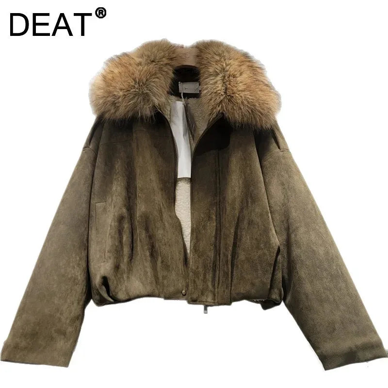 DEAT Women's Suede Coat Detachable Fur Collar Thick Plush Warm Female Short Style Jackets 2026 Winter New Fashion 29A3803