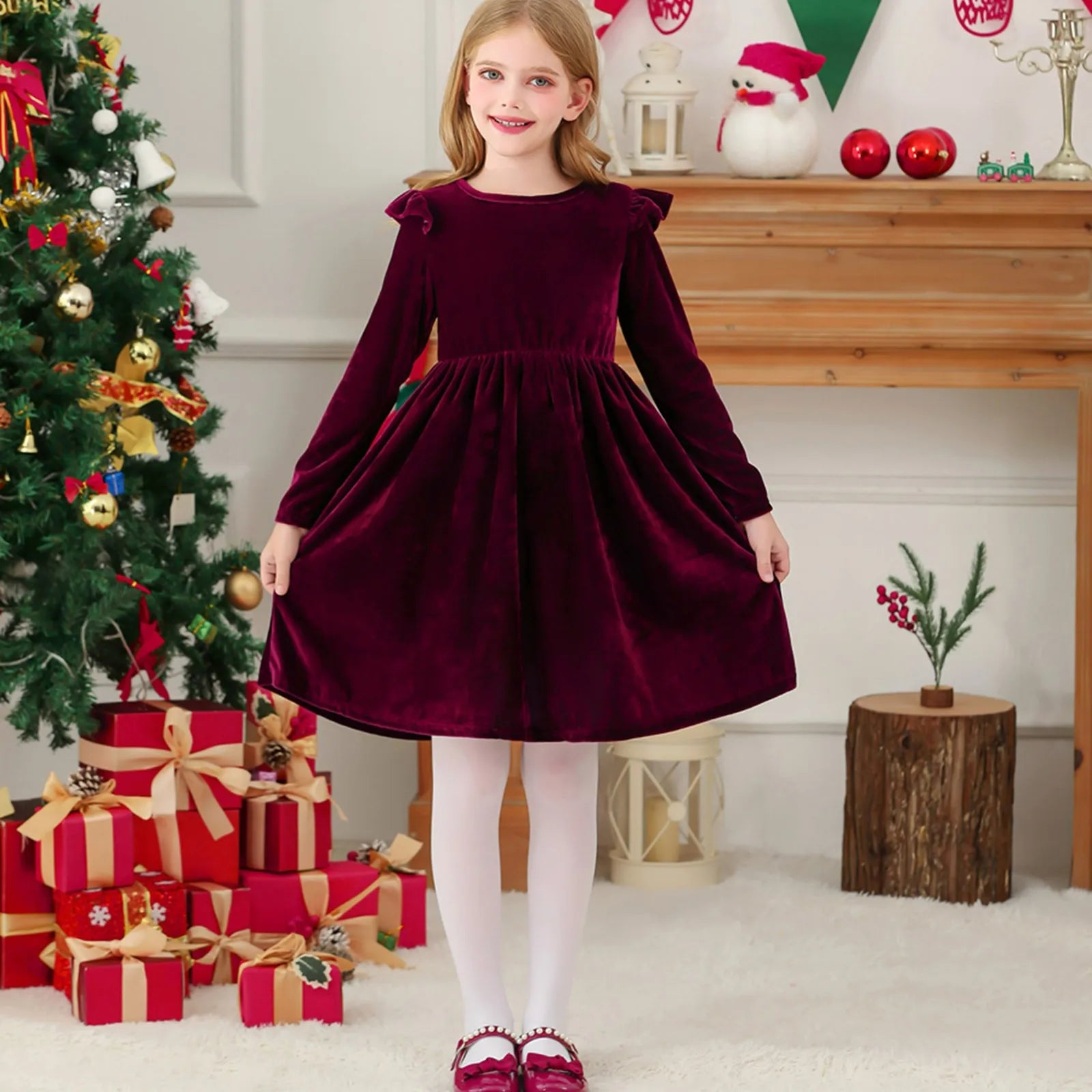 Girls Casual Velvet Dress Ruffled Long Sleeve Spring Fall Dress Evening Party Dress Winter Frilly Dresses For Little Girls