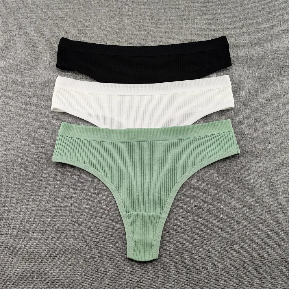 3Pcs/Set Women Thong G String Soft Ribbed Cotton Brazilian Panties Solid Color Low Rise Underwear Female Intimates Lingerie