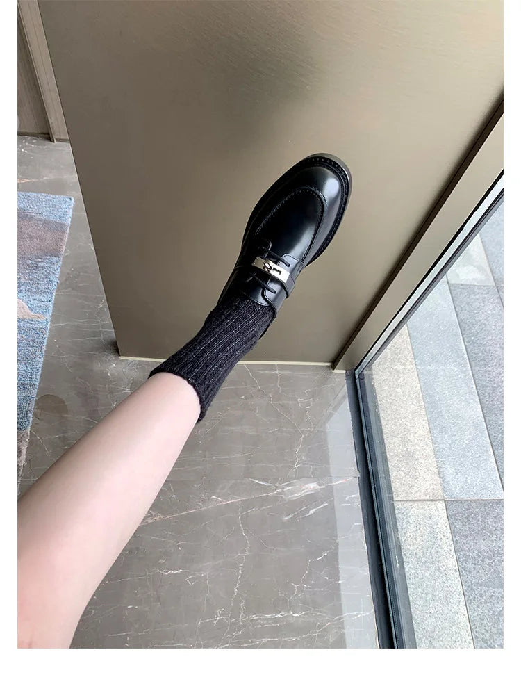 Office Career Women Pumps PU Spring New British Retro Metal Buckle Thick Bottom JK Flat Bottom Small Leather ShoesWoman Shoe