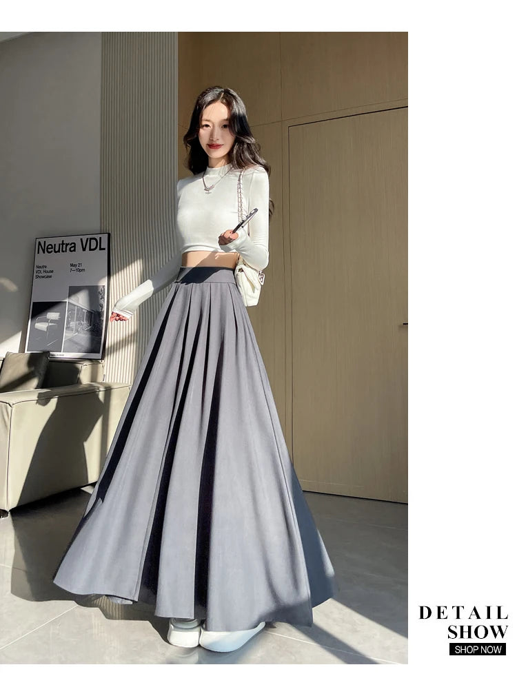 Beiyingni Women Long Suit Maxi Pleated Black Skirts Korean Fashion 2024 Autumn High Waist Slim A-line Skirt Ladies Gray Faldas