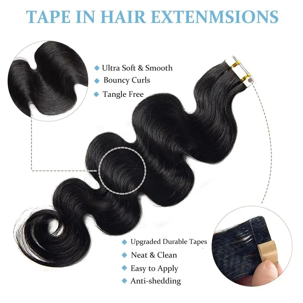 Body Wave Tape in Hair Extensions 100% Real Human Hair Extensions #1B Natural Black Invisible Tape in Hair Extensions 20pcs 26in