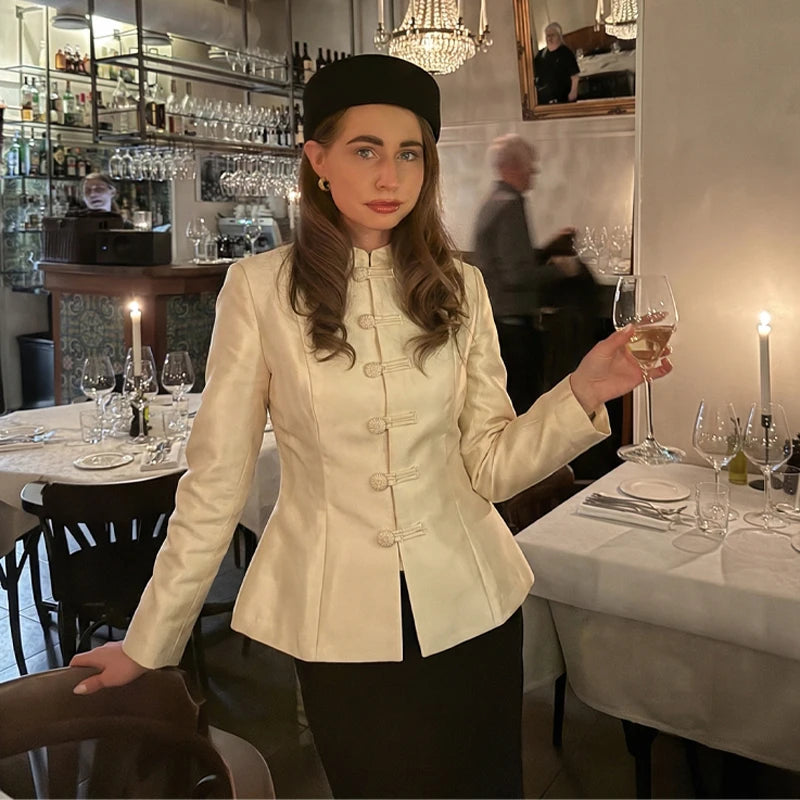 Vintage Stand Collar Velvet Frog Button Blazer Women Solid Long Sleeve Slim Cropped Jackets 2026 Spring Lady Fashion Outwear New