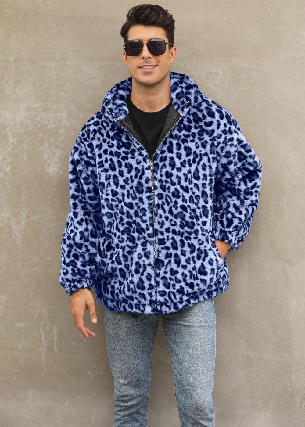Autumn and Winter Warm Plush Leopard Print Jacket Imitation Fur Zipper Hooded Jacket for Men