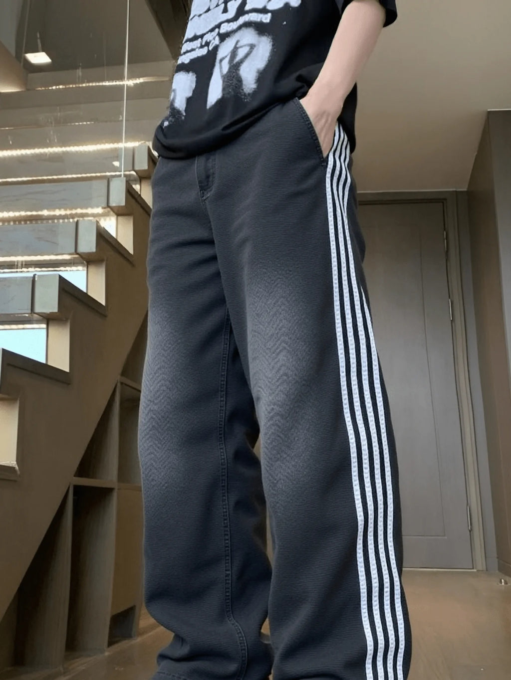 Striped Denim Pants for Men,Loose Fit Y2K Vintage Style Long Trousers,Straight Leg Baggy Retro Design Jeans